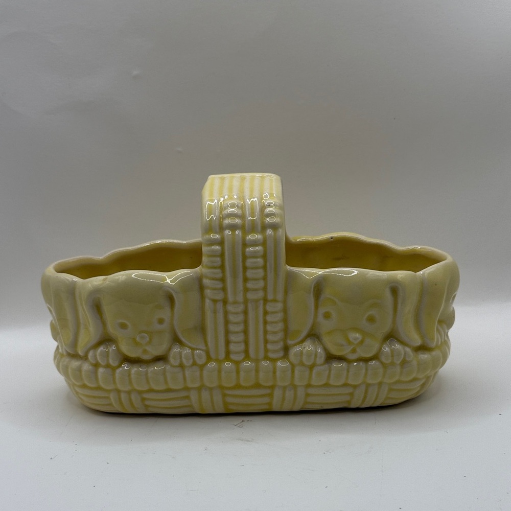 Vintage Brush McCoy Puppies Dogs Ceramic Basket Planter Collectible Decor Yellow